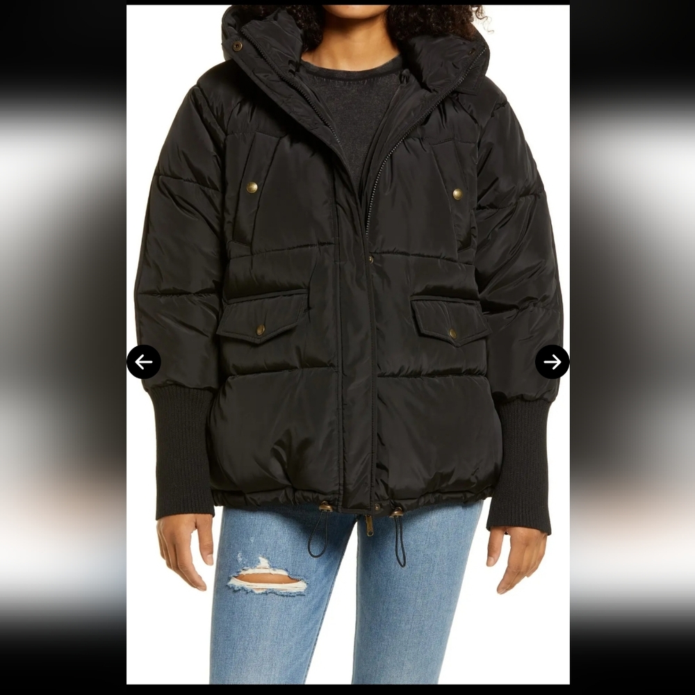 New! Sam Edelman Short Water Repellent Women's Black Puffer Jacket Raglan Sleeve
